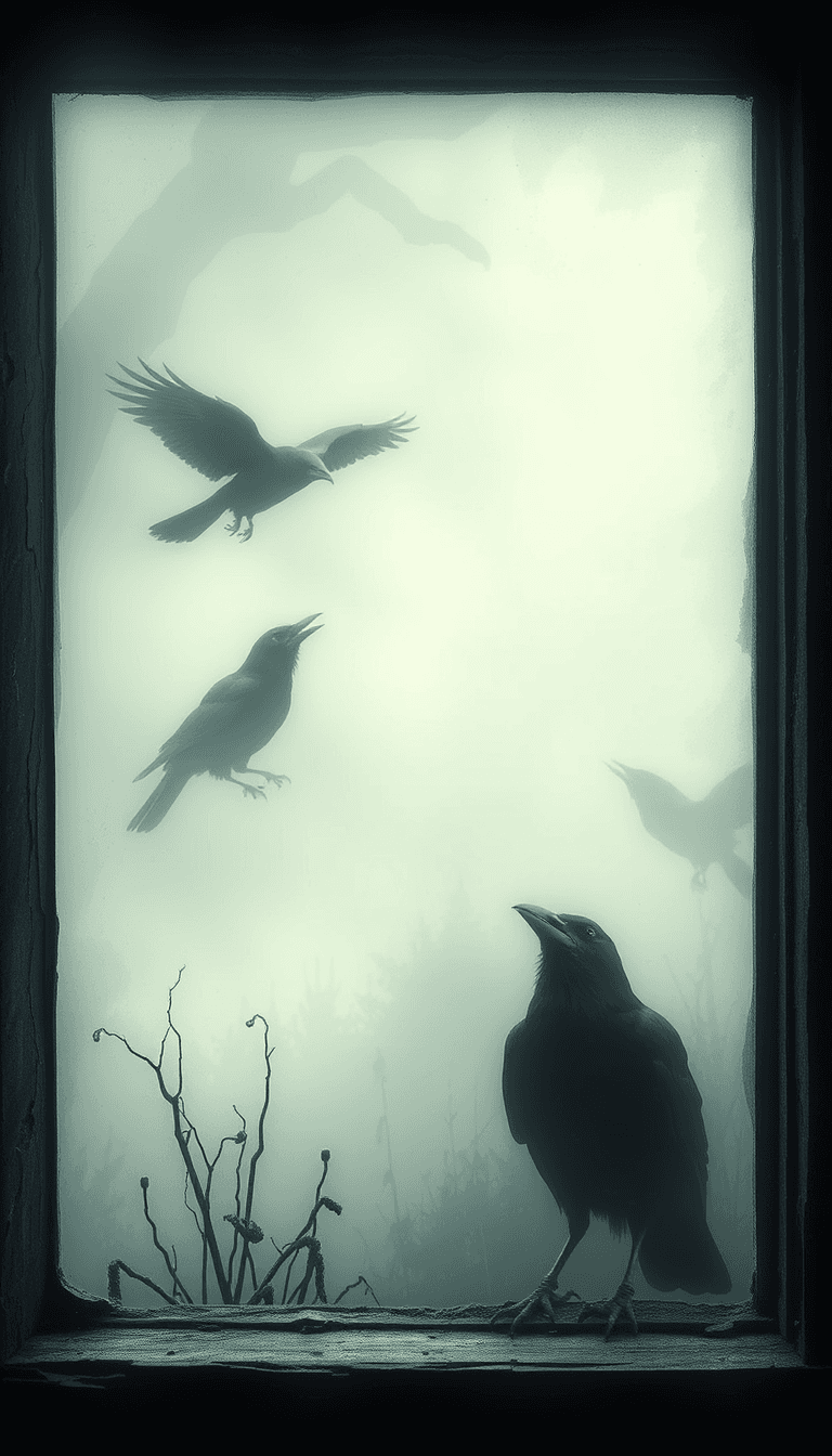 A haunting view through a window overlooking a garden shrouded in a thick, eerie mist. The dense fog envelops the scene, making the black crows barely visible as shadowy figures. The crows, with wide-open beaks, express intense rage and despair, their forms distorted by the mist. The scene is filled with melancholy and a deep sense of hopelessness. The window frame is cracked and weathered, adding to the atmosphere of decay. The garden is overgrown, with twisted, leafless trees and dead plants barely visible through the fog. The overall color palette is muted with shades of gray, black, and dark blues. The style is reminiscent of Zdzislaw Beksinski, capturing a surreal, nightmarish, and deeply emotional atmosphere.