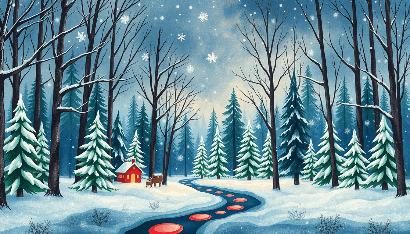 please create a magical Christmas forest design, ar 16:9, watercolor, linocut, christmas colors, no falling snow


