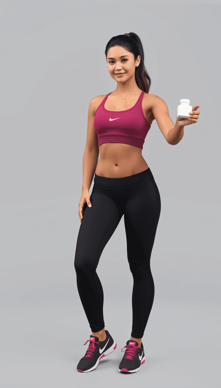 create a photorealistic 3d image of a young busty beautiful tanned brunette woman whois wearing a dark pink top, is well trained and have very visible abdominal muscles, black tight training pants and color matching Nike tennis shoes. She is stretching out one hand with a small white rectangular tablet dispenser. Light gray background