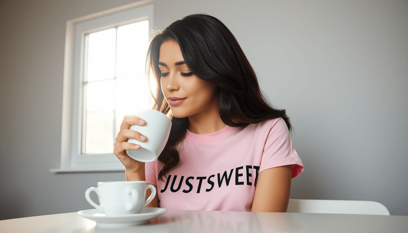 A young brunette, in a light medium pink t-shirt with the print "JUSTSWEET" printed with the font Dosis bold. She is sitting at a table drinking coffee from a white cup. light grey background with no details. The sun is shining in through a window.