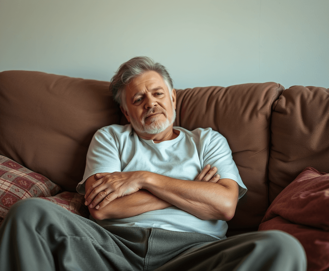 lazy 50 year old man with no facial hair on couch