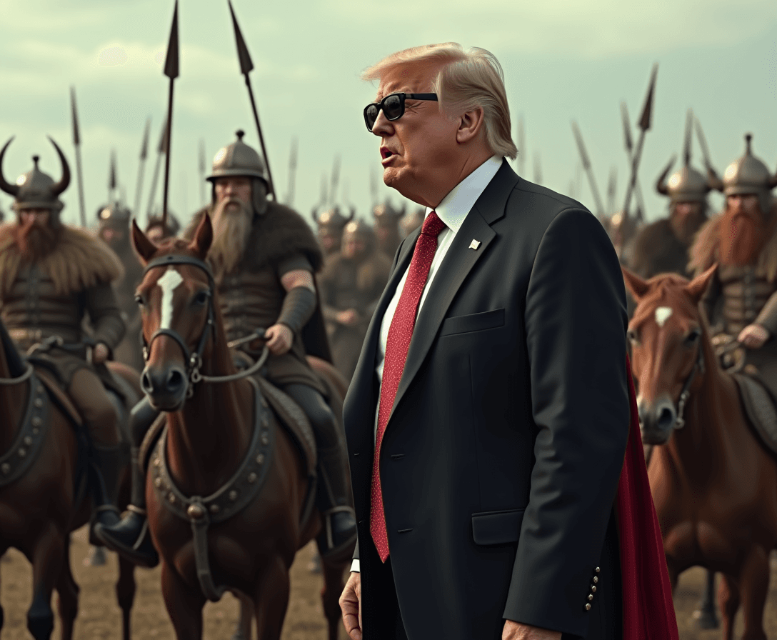 donald trump speaking to a legion of Viking warriors, mark dressed in a suit and tie, perhaps with a cape, thick black-rimmed Hollywood producer-style glasses, and horses kicking up ready for battle. 
