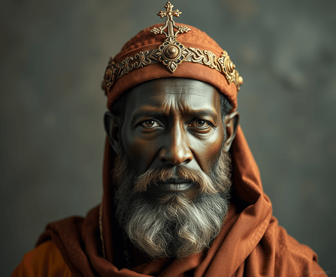 An ultra-realistic portrait of an 5th century African Christian Bishop, which looks like a social media post.