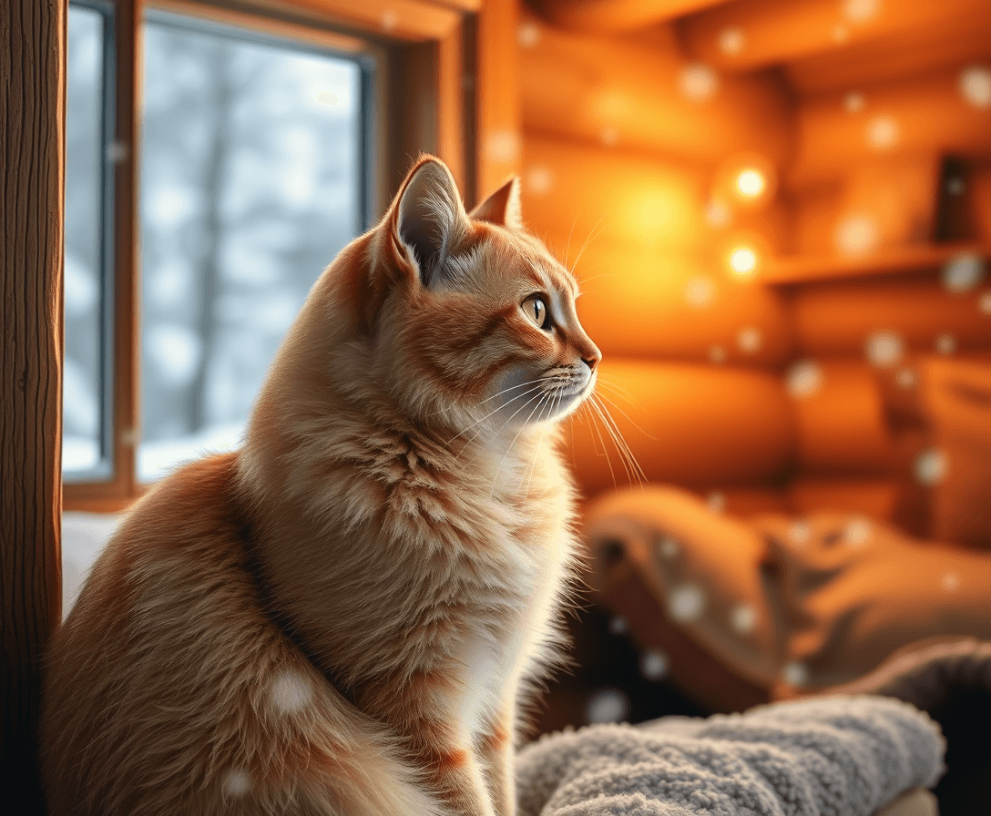 An orange to yellowish cat sitting inside a warm, cozy cabin. The cat is looking out a window, watching the snow gently fall outside. The interior of the cabin is filled with soft, warm lighting, creating a comforting and inviting atmosphere.