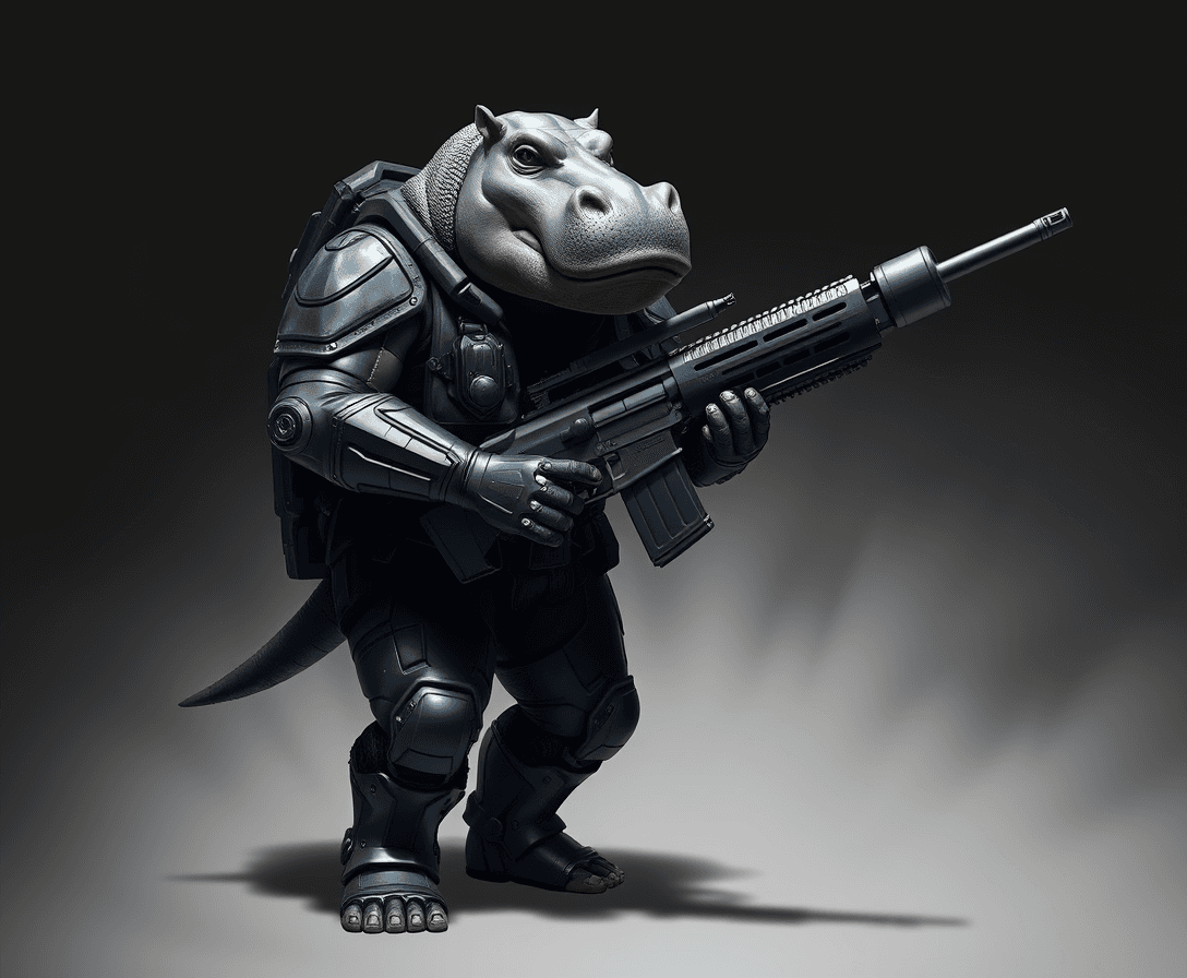 Hippo-Man wearing black techno armor and holding a rife. 