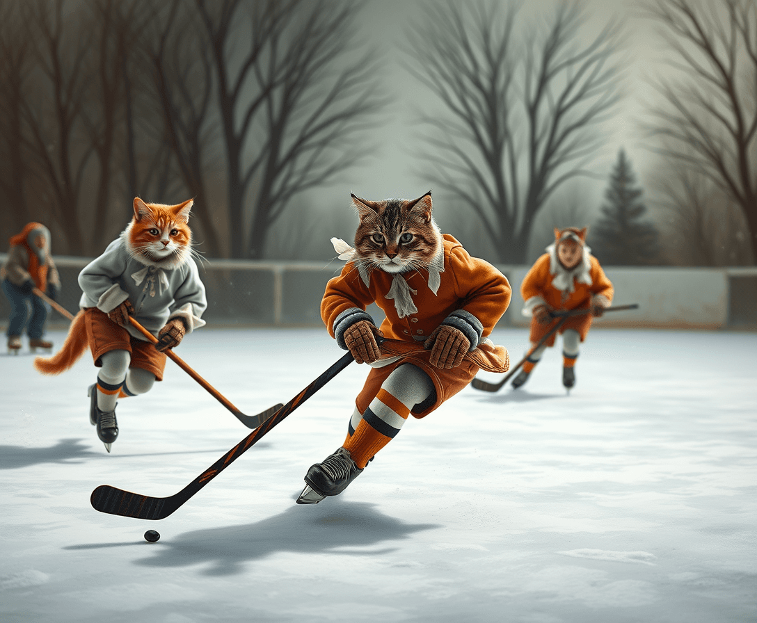 Cats playing ice hockey dressed in colonial clothing