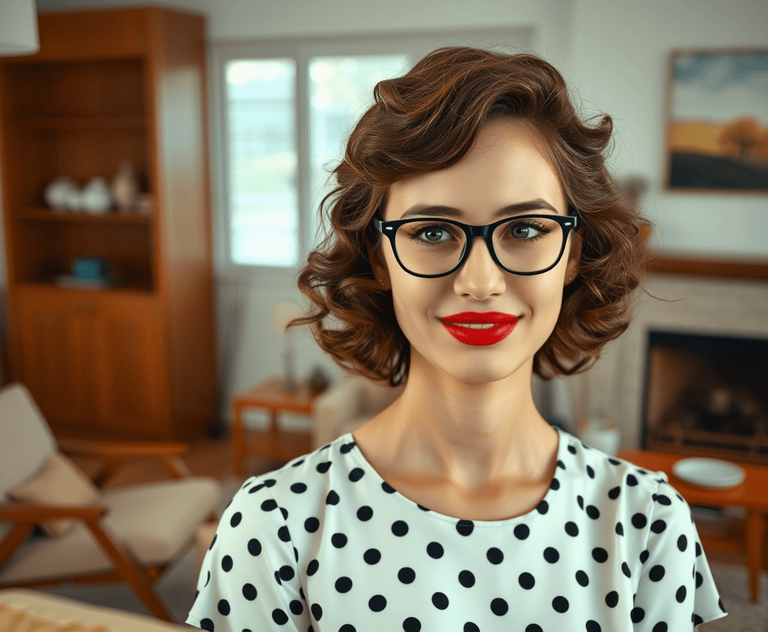 An ultra-realistic photograph of a young woman in her mid-20s from 1955. The photo has the characteristic sharpness and vivid color of a high-end smartphone camera, with slight motion blur on one edge. The image is taken in natural daylight, causing mild overexposure on one side of her face. She has shoulder-length curly brown hair and wears minimal, everyday makeup with slightly smudged eyeliner. Her expression is a genuine, slightly lopsided smile with a hint of tiredness around her eyes. She's wearing a polka-dotted swing dress with black dots on a white background. She is wearing red lipstick. She is wearing black-rimmed glasses.  The background is a mid-century modern living room with a fireplace to one side of the room