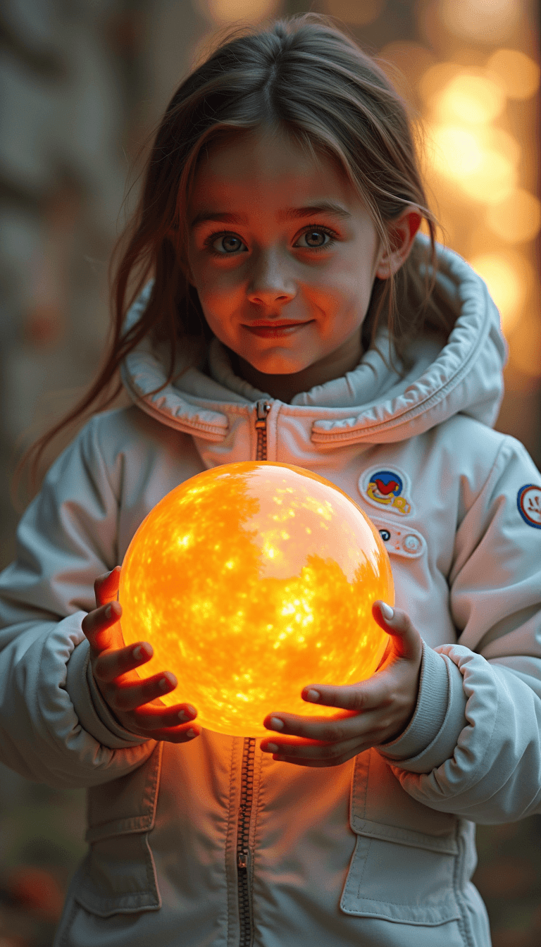 a teenage girl holding a transparent ball containing the sun, dressed in a futuristic space suit