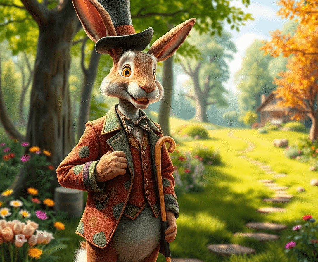 Uncle Wiggily: A tall, slender rabbit wearing a colorful jacket, top hat, and carrying his signature cane. He has a friendly smile, full of curiosity and kindness.
Background: A bright, enchanting forest with vibrant green trees, flowers, and a winding path that hints at adventure. In the distance, you can see a hint of a cozy woodland cottage.