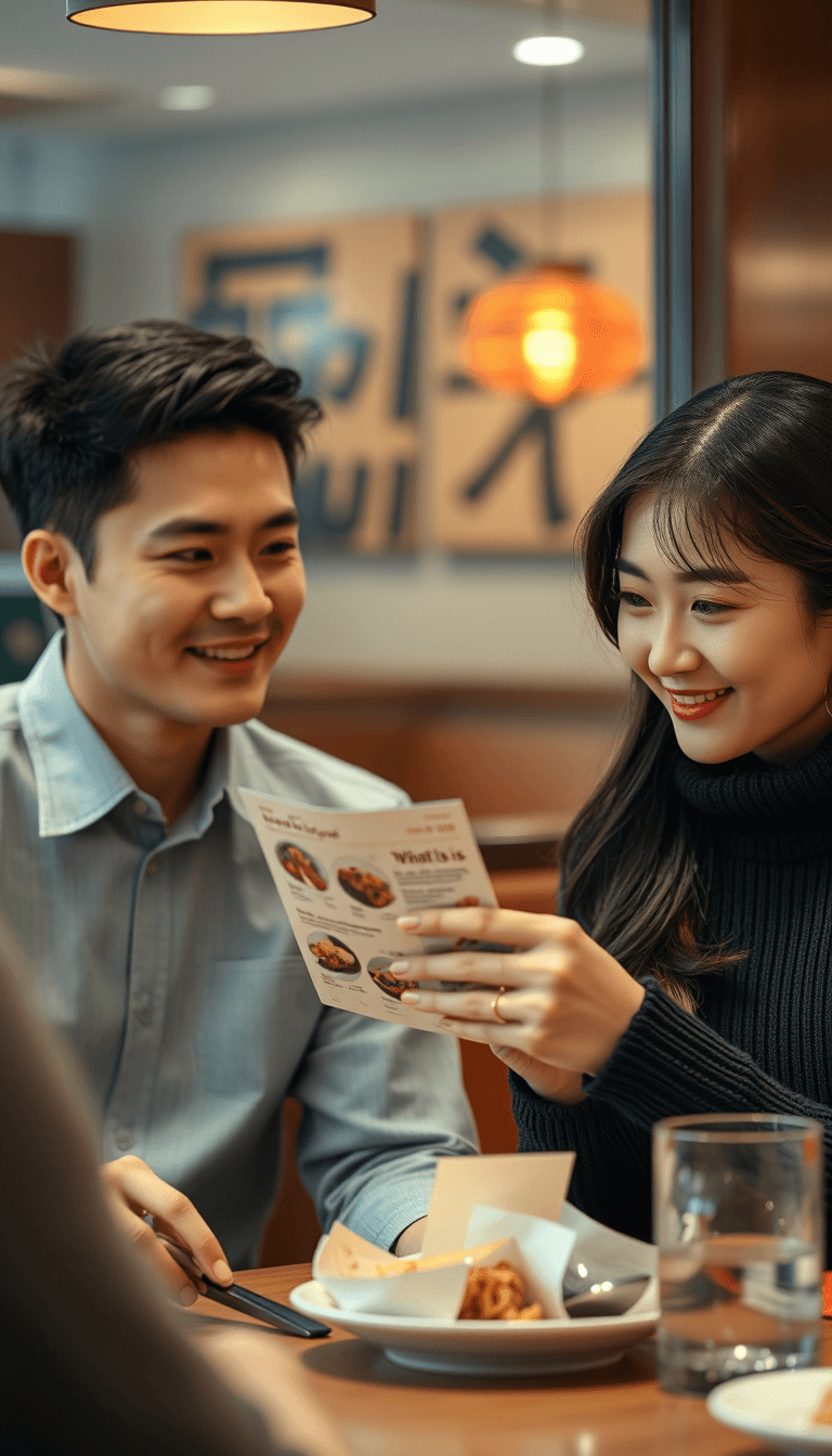 make a  realistic photo of a beautiful 30 years korean woman sitting with a 30 years  korean man in a restaurant. she is asking the korean waitress "what is good" while opening the meal card.