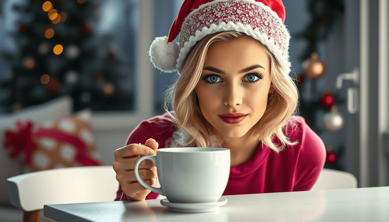 A photo realistic sexy busty sensual light corn blond young woman with a face like Marilyn Monroe, with blue eyes wearing a dark pink santa hat with glitter and a dark pink top. her face express that she is enjoing her coffee. On a white table in front of her to her right side is a white smoking coffee cup. White background with some christmas trees in a distant background. Sun is shining in