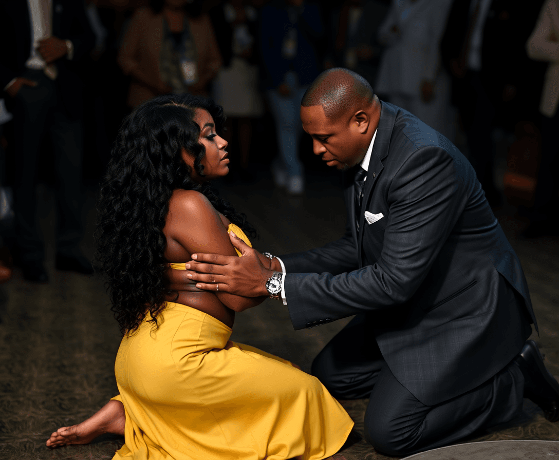 Woman of color on her knees in front of Willie Brown in a sexually suggestive position