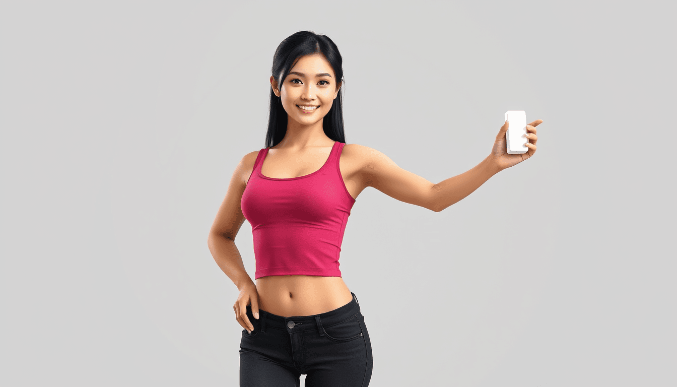 create a photorealistic 3d image of a young busty beautiful chinese woman with purple eyes wearing a dark pink top, is well trained and have very visible abdominal muscles, black jeans  and color matching Nike tennis shoes. She is stretching out one of the hands holding a small white rectangular tablet dispenser. Light gray background