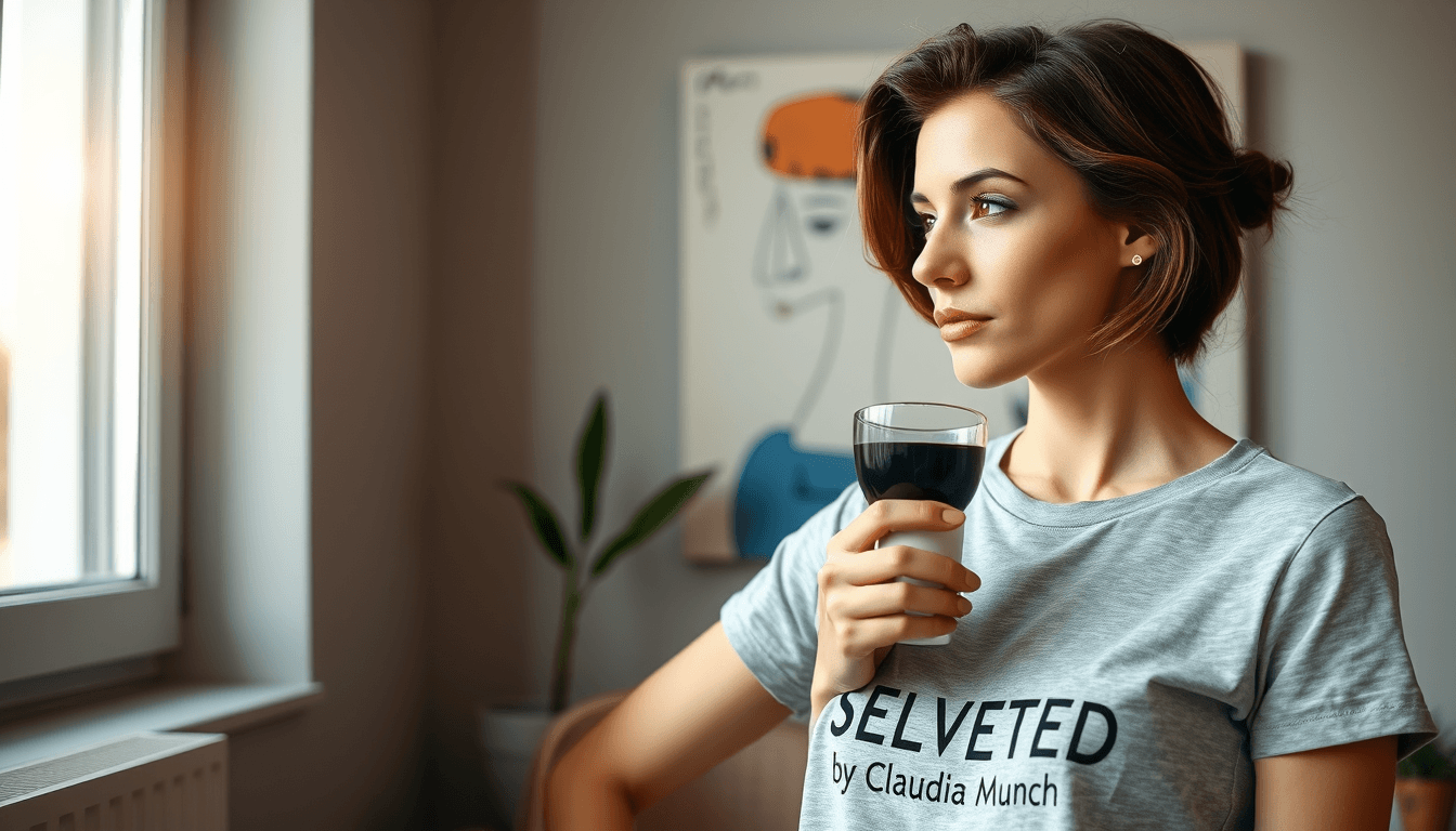 A young brunette, in a light grey t-shirt with the print "SELECTED by Claudia Münch". The text Selected by is not wider than Claudia Münch. She is drinking black coffee from a white cup. The room have a light grey wall with Picasso inspired art behind her. The wall and the art should be diffuce. The woman should be placed in the right side in the image facing left. The sun is shining in through a window.