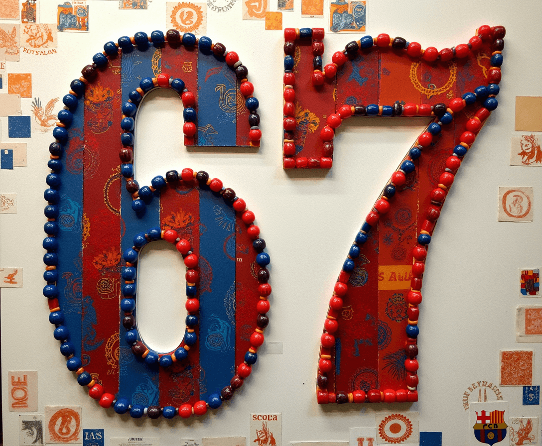 Create a collage featuring the number "67" as the central large focus, incorporating Beads as complementary elements, using Tissue Papers as the primary materials, employing Stamping techniques, and styling it with a Barcelona soccer theme.
