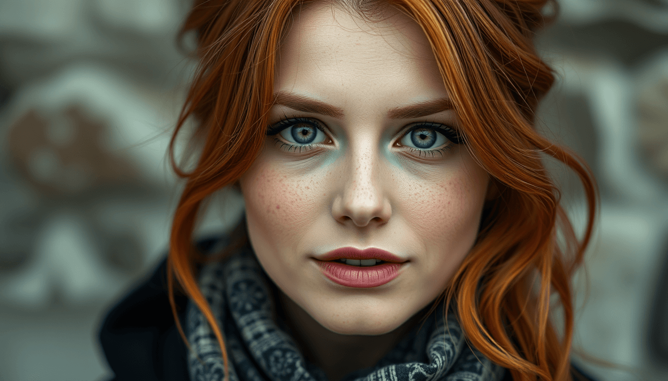 a beautiful woman 30 years old, red hair and green eyes. Photo realistic