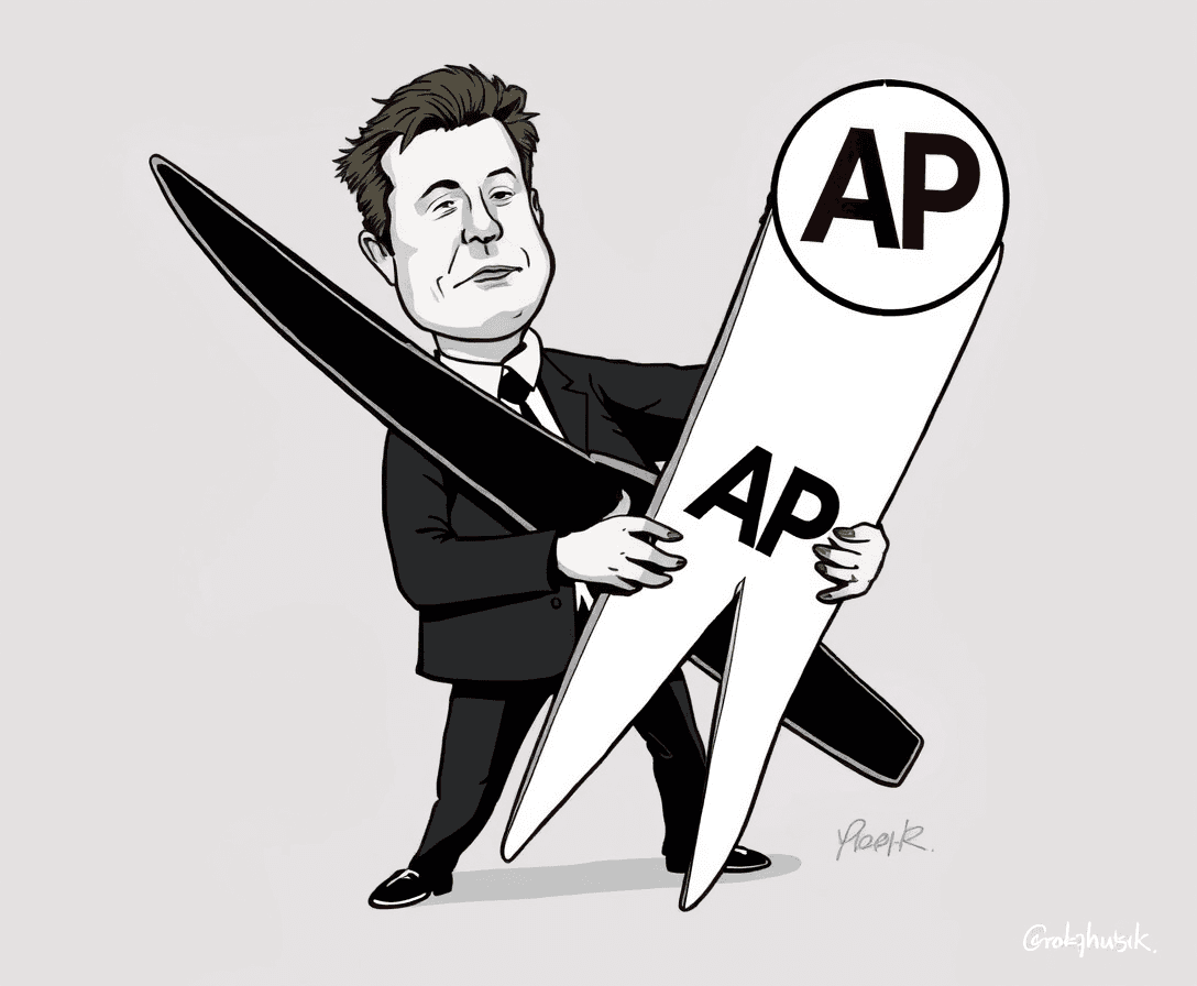 Grok please draw Elon Musk squeezing giant scissors in the shape of large black X. The scissors ends are squeezing the AP logo (Associated Press logo). Subtitle it: "Agonizing Pinch"  