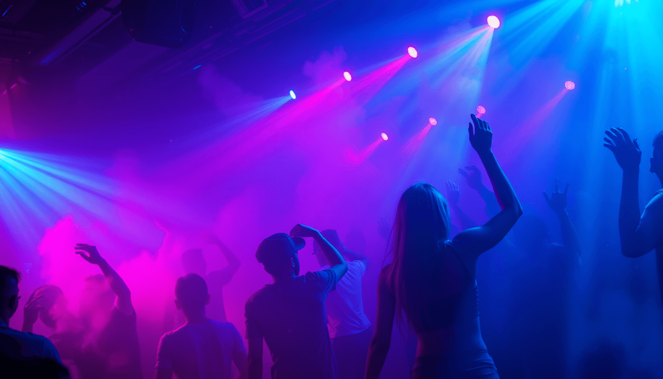 people dancing in a night club, lights, colors, smoke, glow, particles 