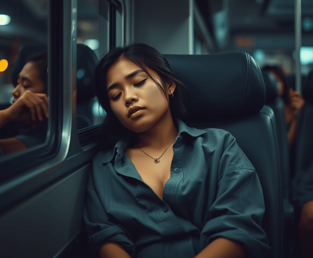 score_9, score_8_up, score_7_up, malaysian girl sleeping on a busy bus, bus, an exhausted girl sleeping on night bus, dark tan skin, (((head resting against the window))), (((sitting in bus seat))), sitting, oversized buttondown shirt slightly unbuttoned revealing subtle nipple, cute skirt, soft body, night time, parted lips, detailed textures, bokeh, (simple necklace:1.1), night lighting, ((half length shot)), (downblouse),(1girl, small breasts), loose clothes, side view looking into shirt,