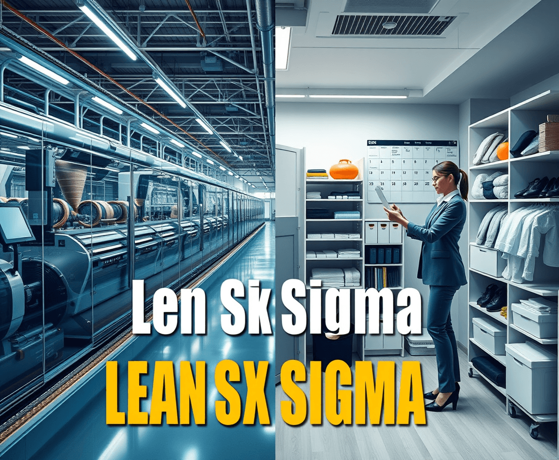 Create a high-quality, visually striking image that powerfully represents the principles of Lean Six Sigma. On one side, depict a cutting-edge, ultra-modern production line in a business setting, with sleek machinery and optimized workflows, symbolizing efficiency and precision (Lean principles). On the other side, show an individual in a meticulously organized, stylish personal space, perhaps managing a digital calendar or decluttering, representing the application of Six Sigma for personal improvement. The image should be dynamic and engaging, with vibrant colors and a polished, professional aesthetic, emphasizing the impact of Lean Six Sigma on both work and personal life.