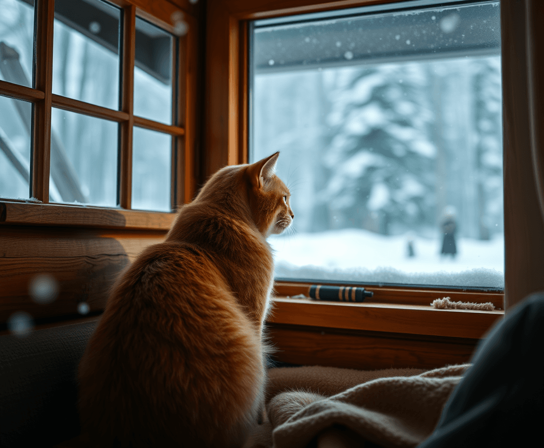 An orange to yellow cat sitting inside a warm, cozy cabin. The cat is looking out a window, watching the snow gently fall outside. The interior of the cabin is filled with soft, warm lighting, creating a comforting and inviting atmosphere.