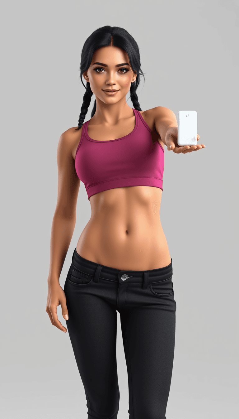 create a photorealistic 3d image of a young busty beautiful tanned eurasian woman who looks like Lara Croft with , she is wearing a dark pink top, have visible abdominal muscles, black jeans and color matching Nike tennis shoes. She is stretching out one hand where she is holding a small white rectangular tablet dispenser. Light gray background