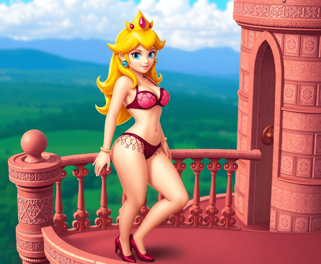 Princess Peach standing on her castle balcony in sexy lingerie