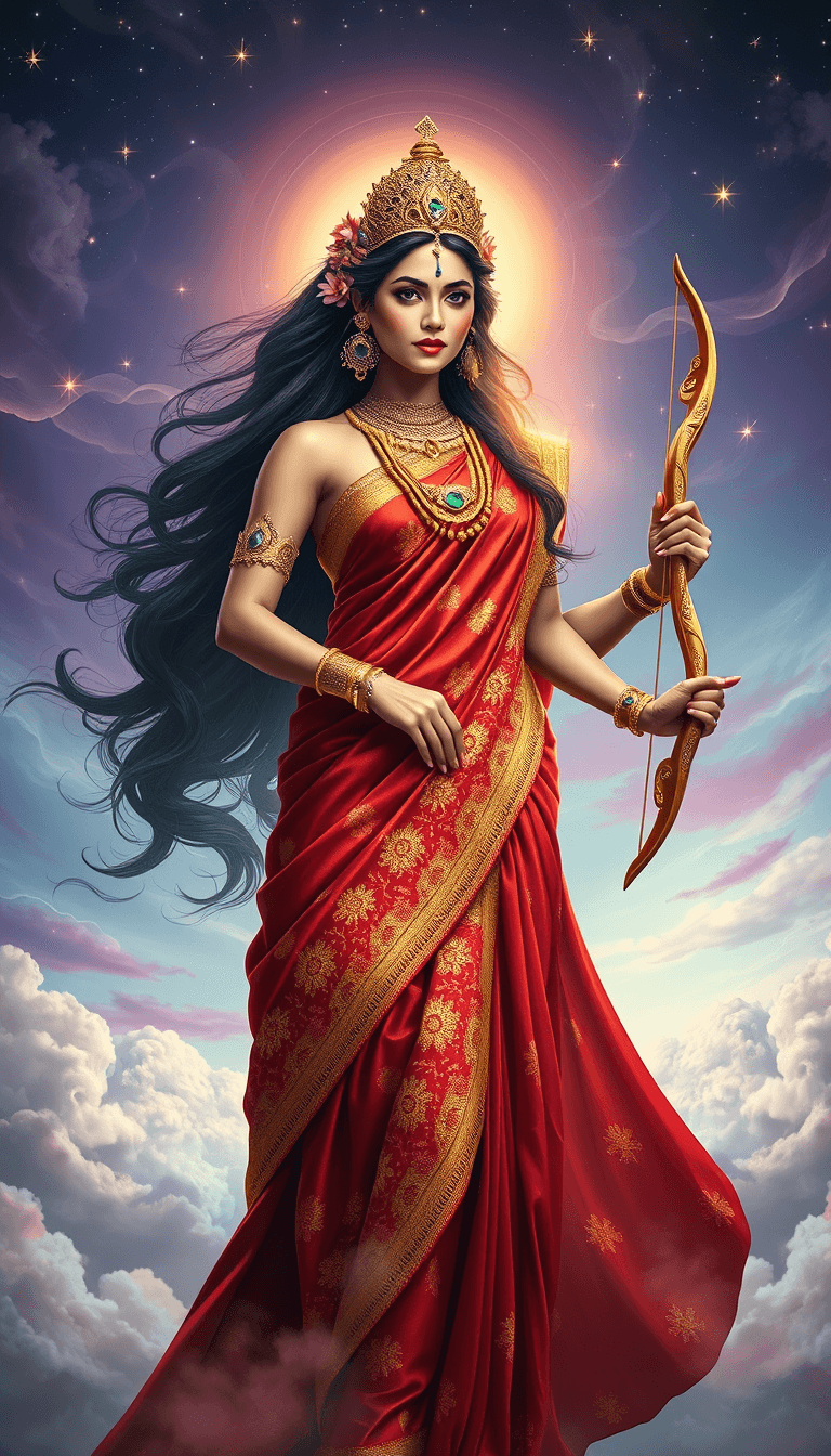 The image showcases a modern-day interpretation of the goddess Durga, featuring a powerful woman with an ethereal presence. She stands confidently at the center, adorned in a flowing, intricately designed saree that shimmers with vibrant hues of deep red and gold, symbolizing strength and femininity. Her long, dark hair cascades down her back, interwoven with delicate flowers and sparkling jewels. Surrounding her are symbolic objects: a pair of ornate, gold earrings shaped like lotus flowers, a necklace adorned with emeralds and rubies, and a bracelet studded with tiny diamonds that glisten in the light. Behind her is a surreal backdrop of a dreamy, twilight sky painted in shades of purple and blue, dotted with stars that seem to twinkle in harmony with her aura. Wisps of clouds swirl around, adding a mystical quality to the scene. In her hands, she holds a modern interpretation of her traditional weapons—perhaps a sleek, high-tech bow and arrow, symbolizing strength and protection in a contemporary context. The lighting is soft yet dramatic, with a warm glow that highlights her features and creates an enchanting halo effect. The composition is balanced, with the woman as the focal point, framed by the swirling clouds and stars, inviting viewers into a world where tradition meets fantasy. Keywords: fantasy style, portrait, vibrant colors, surreal background, ethereal lighting, dramatic composition, modern interpretation, mystical elements, strong female figure, intricate details.
