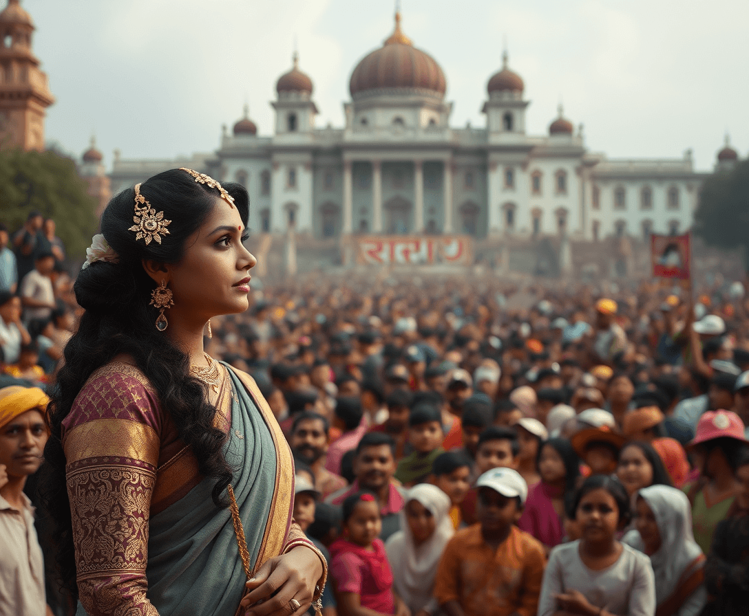 A princess from India standing Infront of a huge crowed asking for chocolate. there is a great palace behind the crowed.