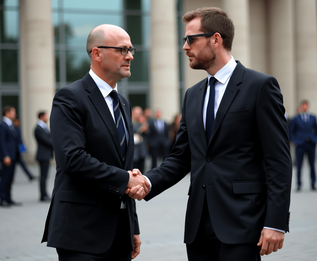 a picture from german canciller Olaf Scholz giving the hand to bjorn höcke from AFD partei. Both are in front of the bundestag buidling in berlin. They are wearing a black suit with a tie.