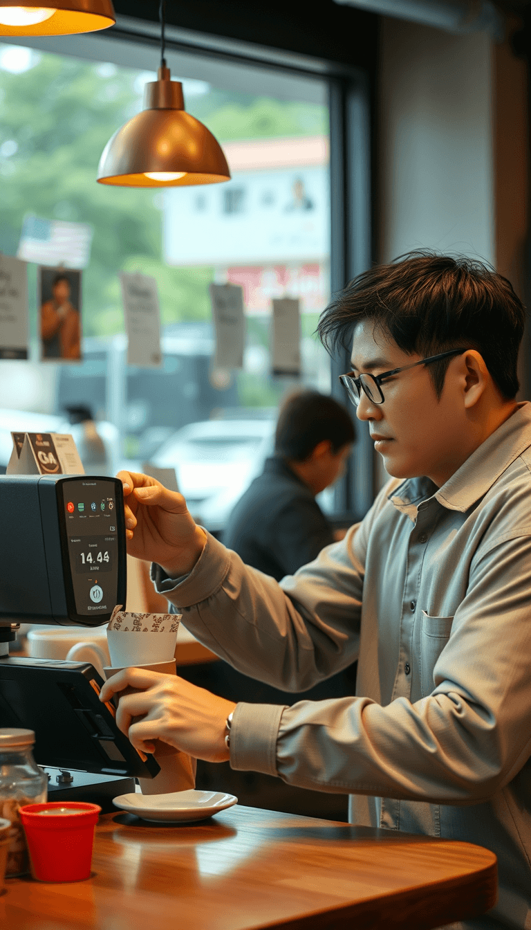 make a  realistic photo of a korean man in a cafe buying a coffee