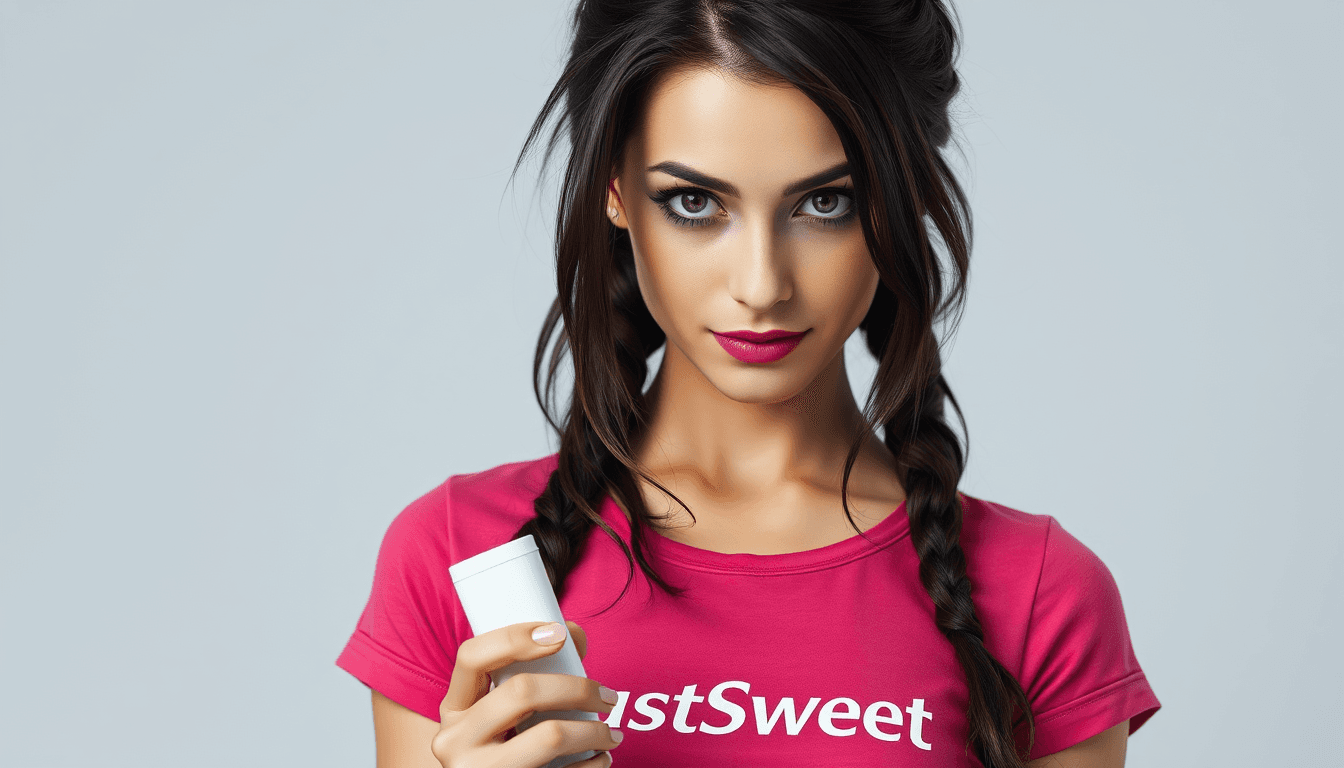 A photo realistic Lara Croft look alike sexy busty brunette woman, with purple eyes wearing a dark pink t-shirt with the text JustSweet. she is bowing the head a little forward and holding a small white tablet dispenser. The shirt have the text JustSweet.  light grey background without details.