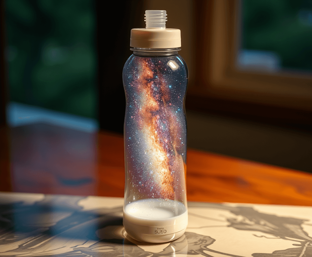 a water bottle on a table. inside the water bottle is the milkyway galaxy