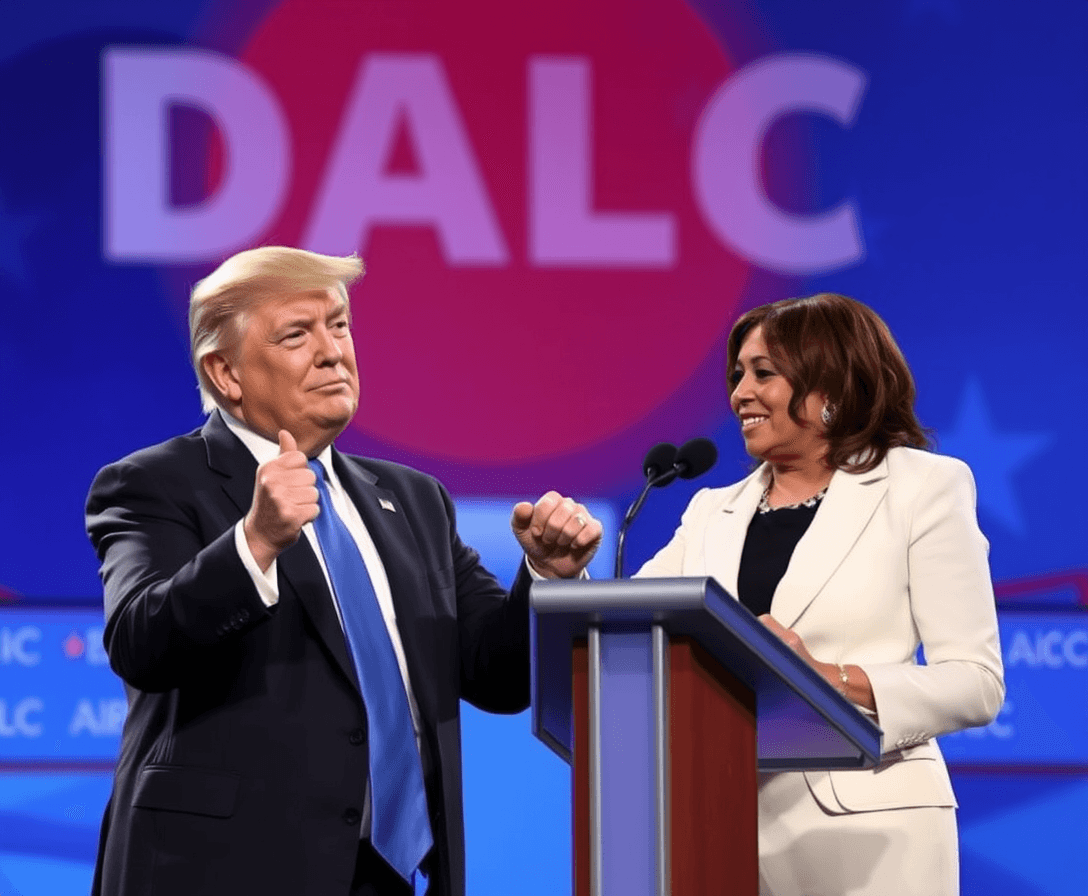 Trump on steroids looking like the hulk and smashing the Democratic Party representative Kamala Harris on the debate stage of ABC