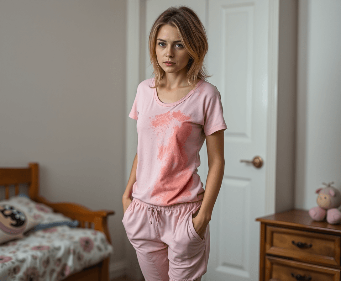 A short and thin Slavic woman in her mid-thirties, with mousy dirty-blonde hair, wearing short pink pajama bottoms and a stained tshirt.