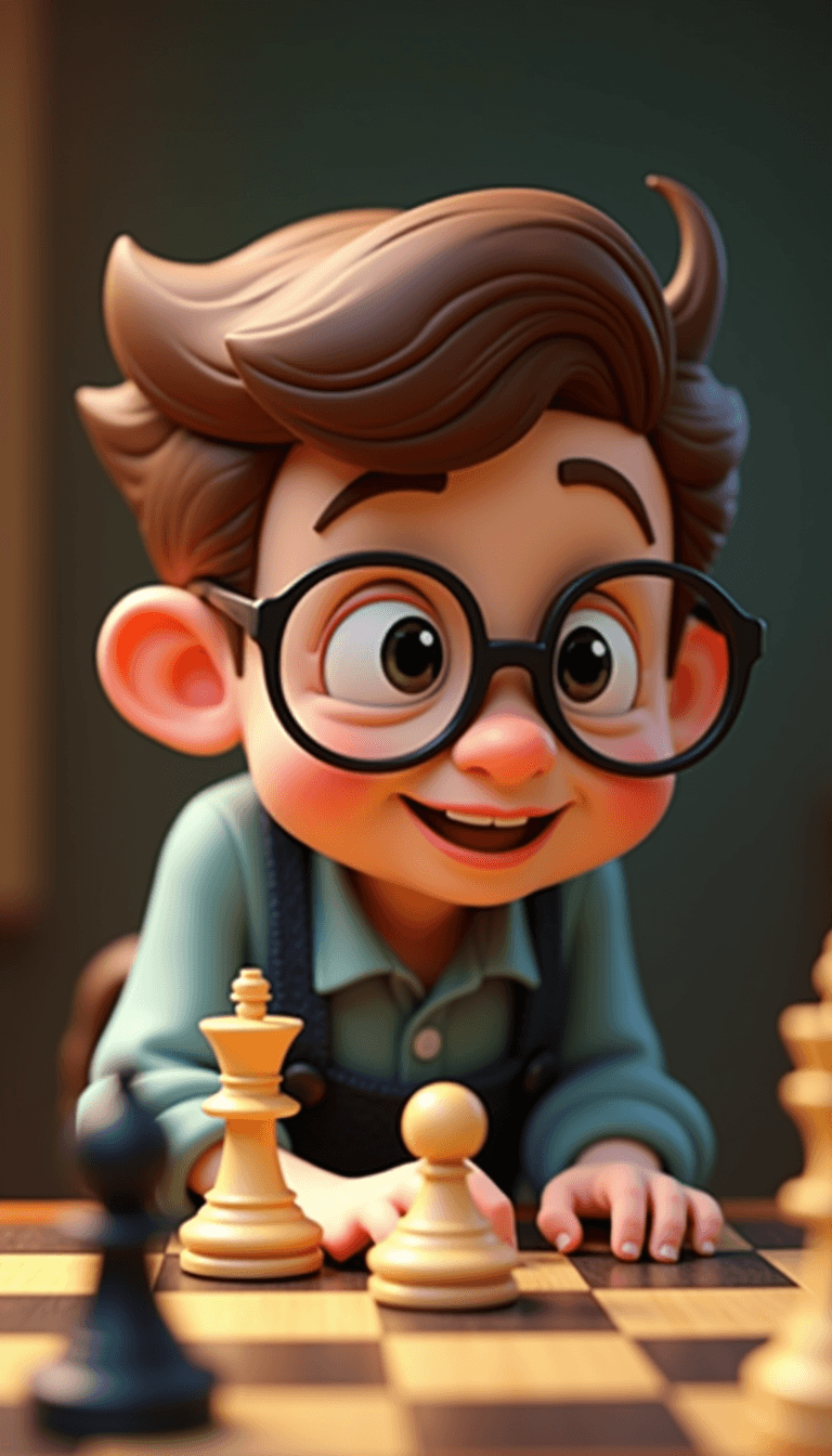 a 3D chibi Disney little man with glasses, a fair complexion, a pointed nose, playing chess and smiling.
