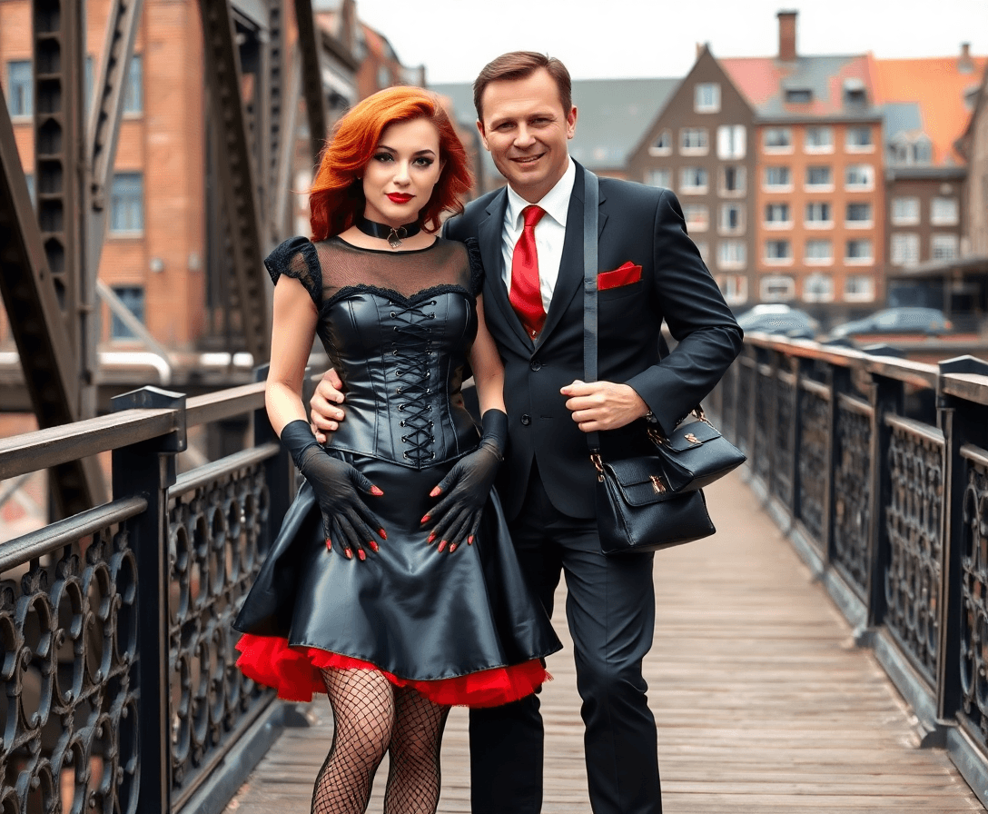 A stylish daytime photo of a couple on a historic iron bridge in the Speicherstadt district of Hamburg. The woman (around 40 years old, red wavy hair, heavy makeup with smokey eyes and red lipstick) wears a black latex top with mesh elements and puffed sleeves, a black latex corset with front closure and traditional lacing in the back, a black shiny flared latex skirt with a red petticoat underneath, fine black fishnet stockings, 12 cm black shiny ankle-high block-heeled boots, a black collar with a ring, long elbow-length black latex gloves without fingers showing red painted nails, and a large black faux leather shoulder bag. The man (around 50 years old, fit build, clean-shaven, short dark hair) wears a black suit with a red tie and shirt coordinated to match the woman’s outfit. He stands next to her on her right, his arm around her waist. Both are fully visible head to toe, looking at the camera with a natural smile. Background: scenic historic Speicherstadt architecture in daylight.