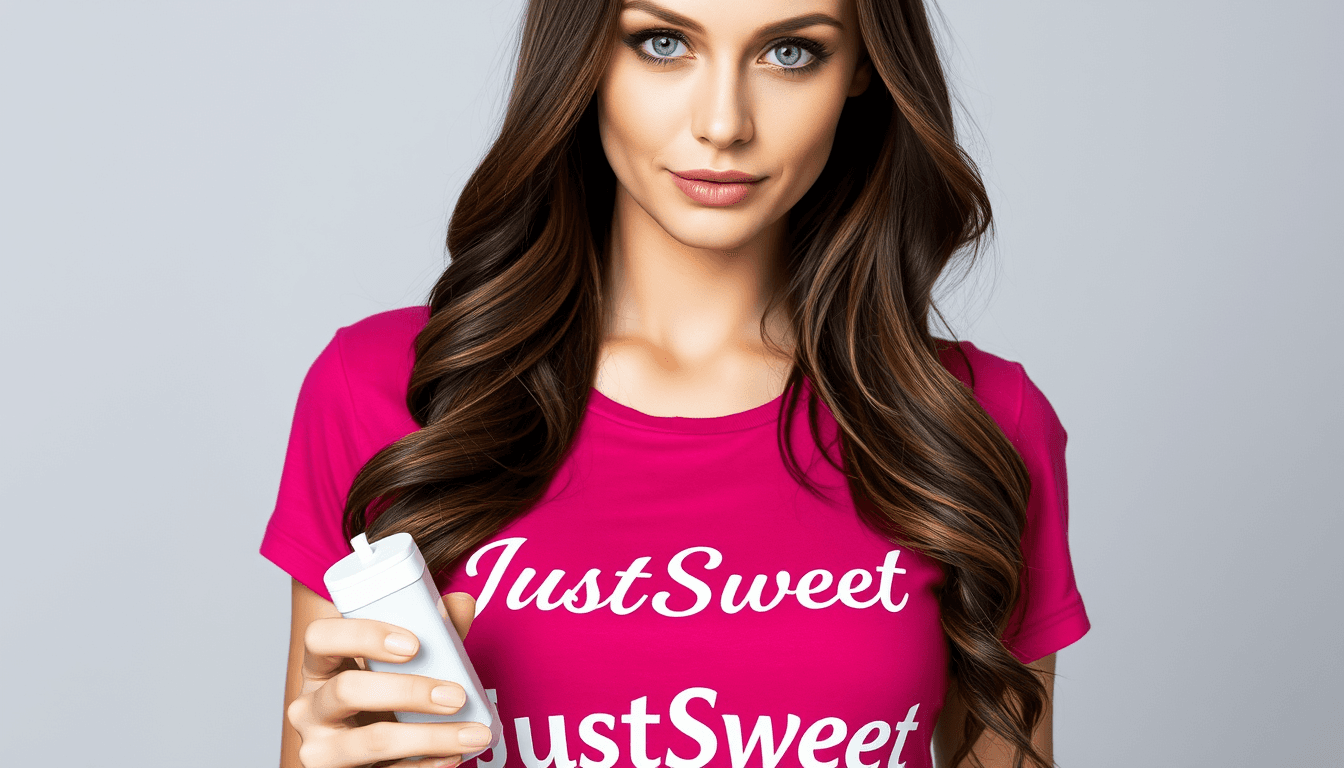 A photo realistic Alexandra Daddario look alike sexy busty woman, with light blue eyes wearing a dark pink t-shirt with the text JustSweet. she is holding a small white tablet dispenser. The shirt have the text JustSweet.  light grey background without details.