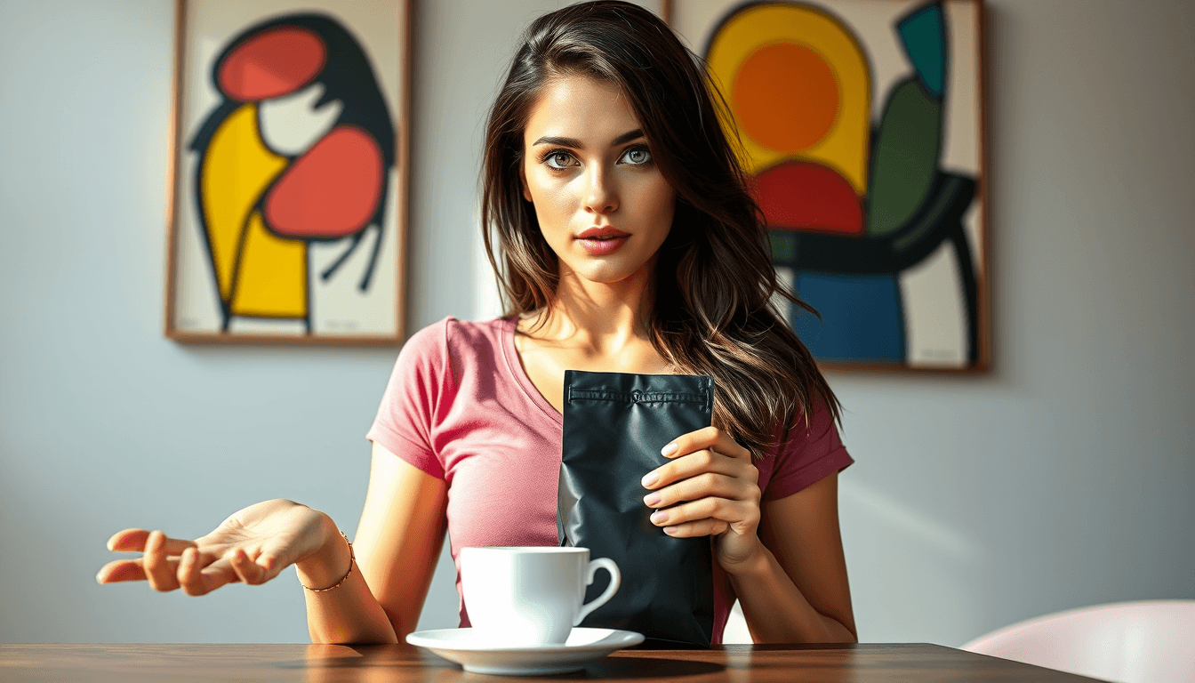 A photo realistic sexy busty sensual brunette young woman with a face like Lara Croft, with green eyes wearing a dark pink t-shirt. she is holding out a small black coffeebag. No text on the bag. On a table in front of her is a white coffee cup. Light grey background with art in modern Picasso style. Sun is shining in