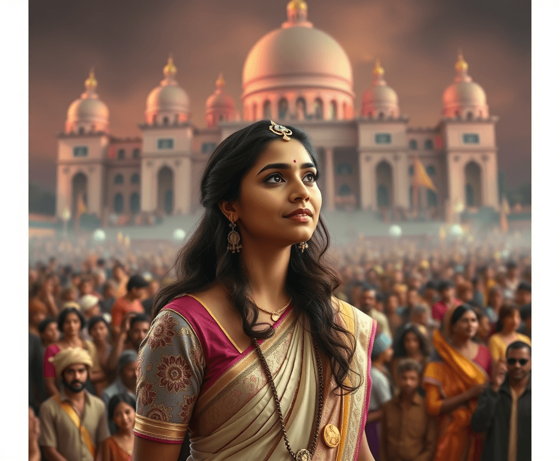 A princess from India standing Infront of a huge crowed asking for chocolate. there is a great palace behind the crowed.