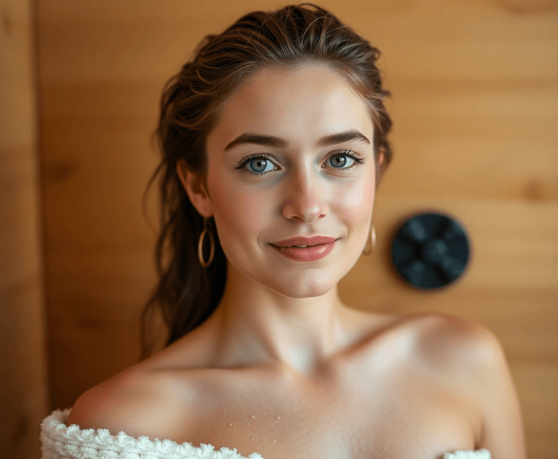 une femme de 19 ans méditerannéenne au fessier et à la poitrine proéminents cheveux chatain, grain de beauté léger sur la joue, se rend au sauna et prend la douche