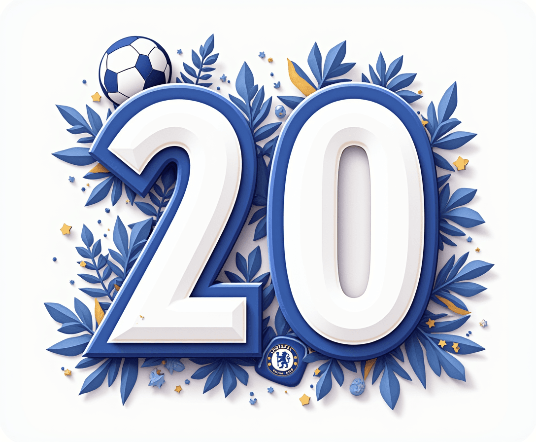 Design a 2D flat illustration of the number "20". The number should be entirely white on the inside and feature prominently in centre of image. Surround the number with Chelsea football club and soccer memorabilia. 
