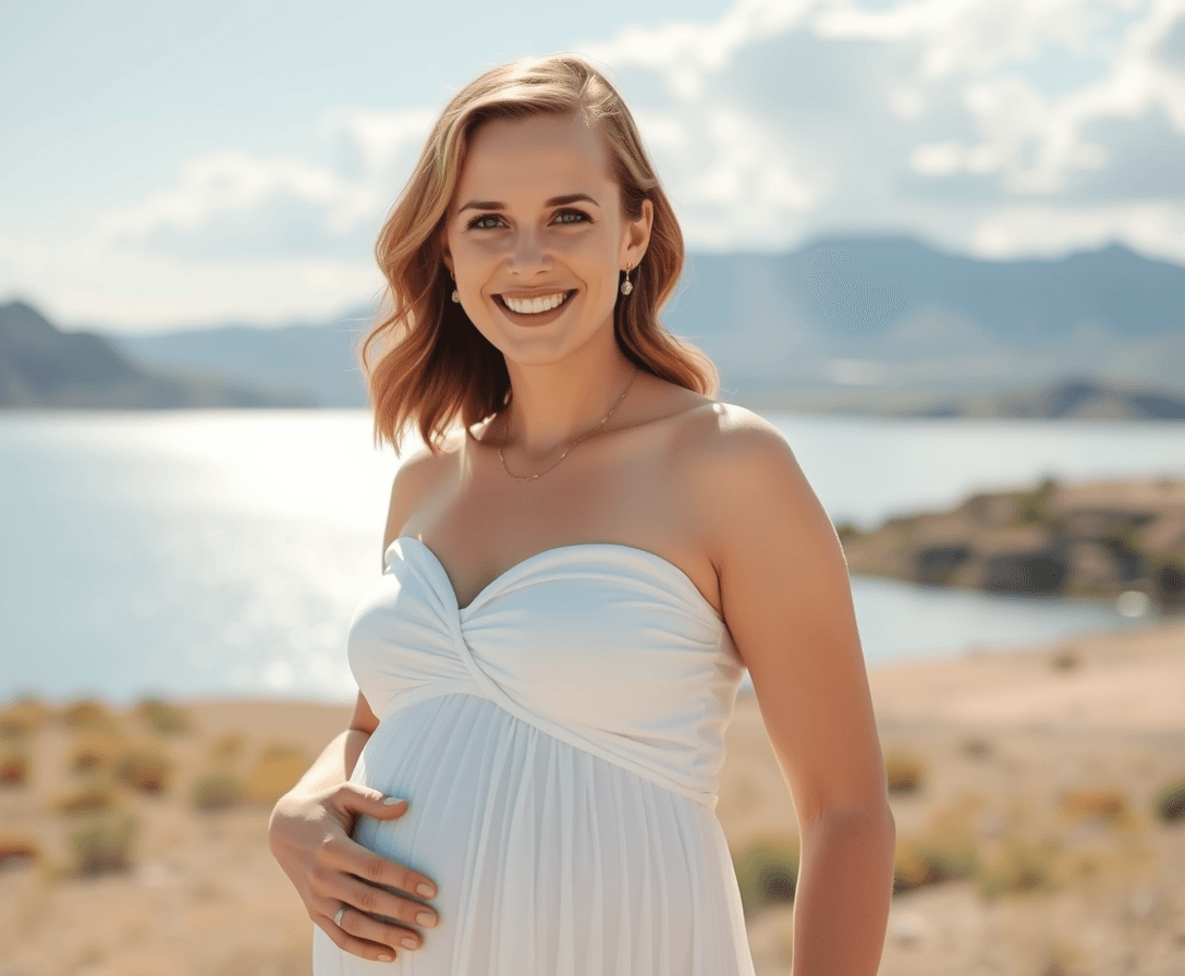 Pregnant happy smiling beautiful Emma Watson wears white maternity dress, 34B cup, Utah Lake on beautiful sunny day with clouds light beam in background