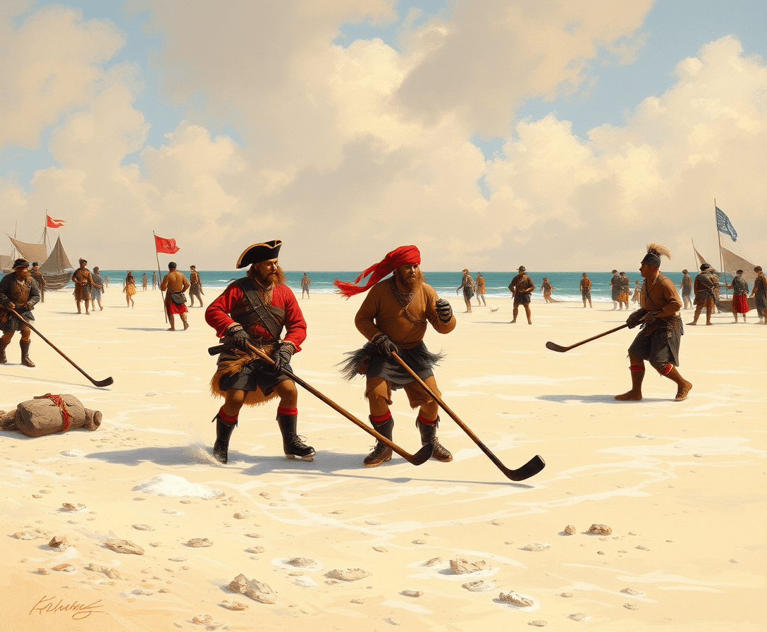 A beach scene with colonials playing hockey