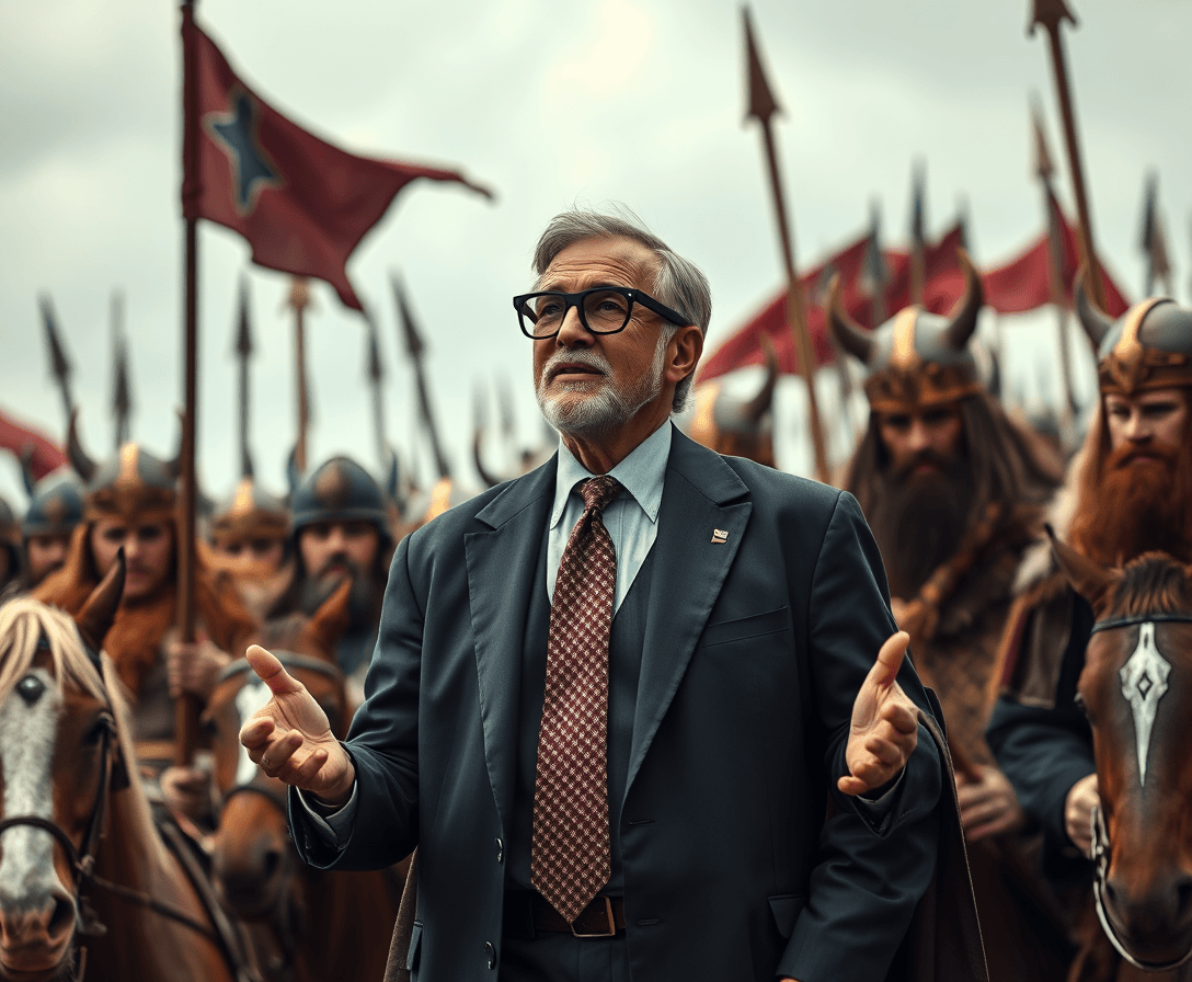 mark faust of echelon management www.em1990.com speaking to a legion of viking warriors, mark dressed in a suit and tie, perhaps with a cape, thick black rimmed Hollywood producer style glasses and horses kicking up ready for battle. 
