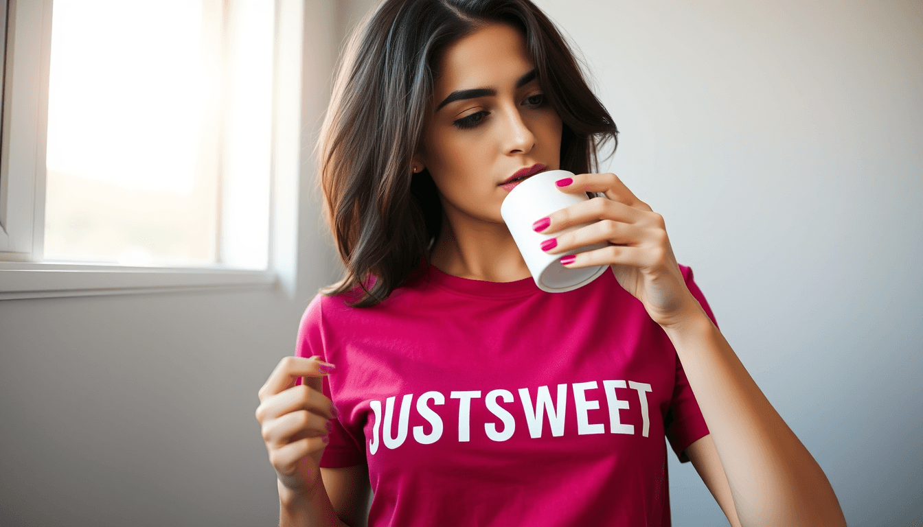 A young brunette, in a dark pink t-shirt with the print "JUSTSWEET" printed with the font Dosis bold in white. She is drinking coffee from a white cup. light grey background with no details. The sun is shining in through a window.