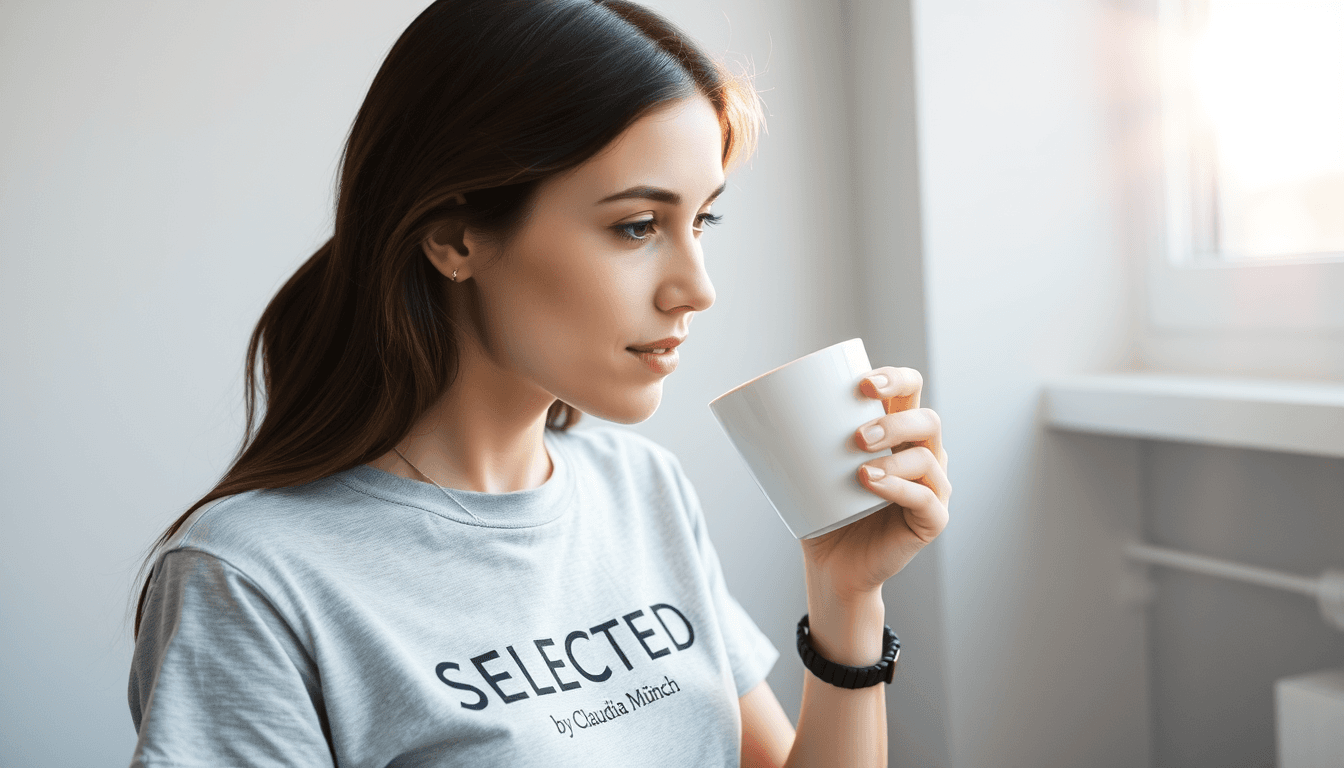 A young brunette, in a light grey t-shirt with the print "SELECTED by Claudia Münch" drinking black coffee from a white cup. light grey background with no details. The woman should be placed in the right side of the image. The sun is shining in through a window.