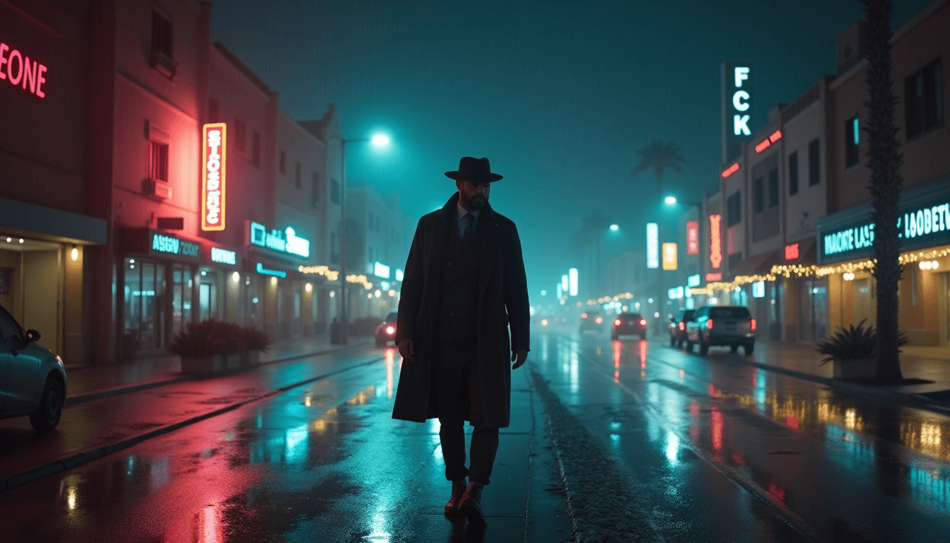 A gentlemen walking at night (rainy) in a desert downtown city of the future.