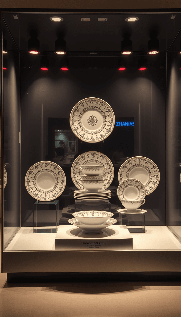 (fancy ceramic dinner set), 6 beautifully symmetrical crafted plates, displayed on an elevated plynth, encased in a sleek glass cabinet, accentuated by (red and white downlights), located in a dinnerware store at night, (elegantly illuminated), plynth as the focal point, reflecting light, (highly detailed), (studio lighting), (rich contrasts), creating a warm and inviting atmosphere.