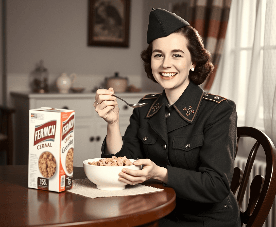 women wearing a german uniform from the 1940s is sitting at a table of her home eating a bowl of cereal smiling, has a spoon in her hand and there is a box of cereal on the table. 1940s tv commercial style 